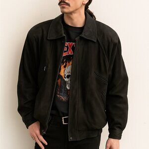 Vintage J.G. Hook Men’s Black Leather Bomber Jacket Retro Rocker Moto Oversized